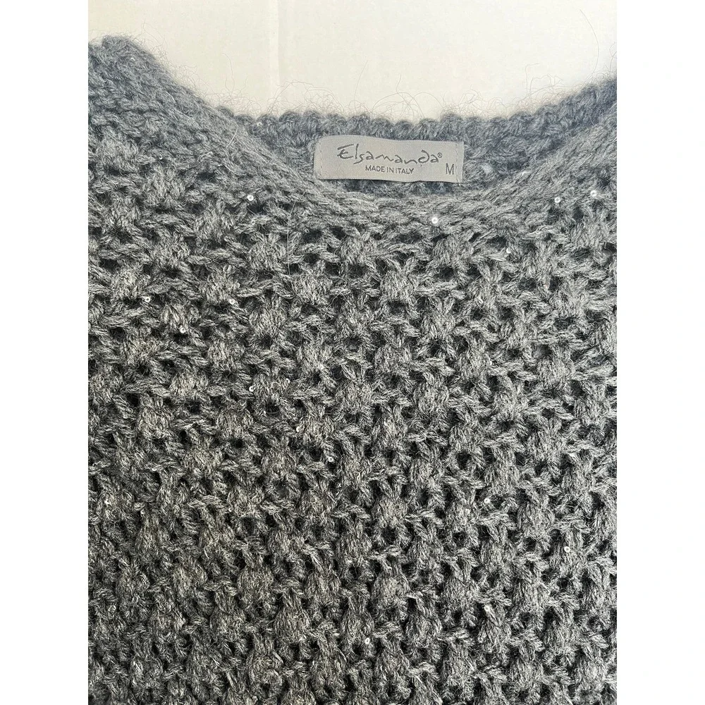 ELSAMANDA Womens Gray Open Knit LS Sweater Size M Sparkles Made In‎ Italy
